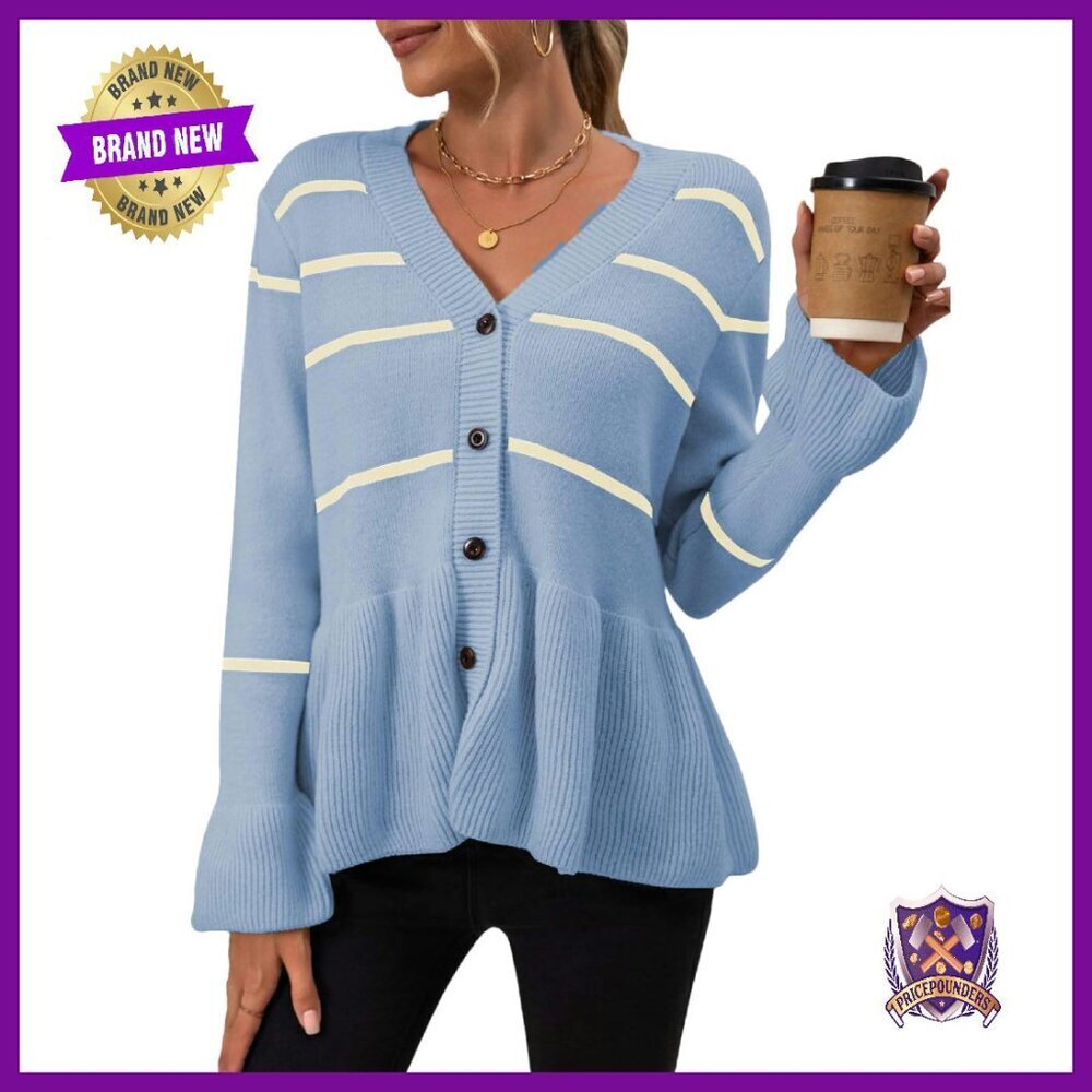Striped Cropped Cardigan V-Neck Peplum Flared Hem Button Down